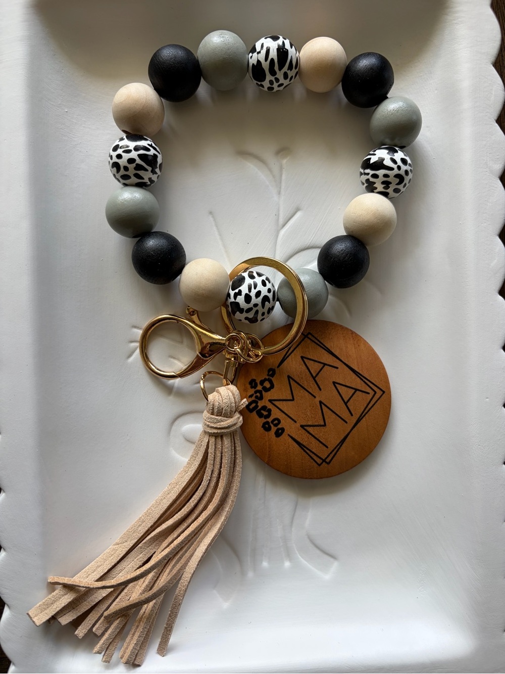 Mama Beaded Keychain Bracelet with Tassel - Black, Gray, Cream